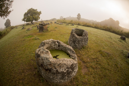 the plain of jars sit1 in the morning near the town of Phonsavan in the province Xieng Khuang in north Lao in southeastasia.の写真素材