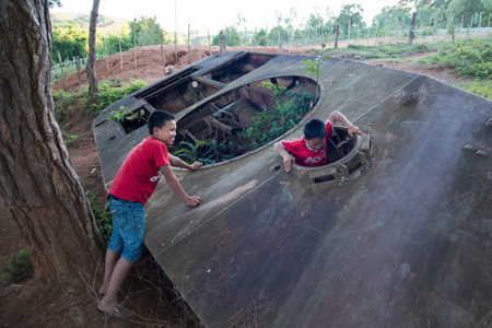 a old  russian tank of the vietnam war near the town of Phonsavan in the province Xieng Khuang in north Lao in southeastasia.のeditorial素材