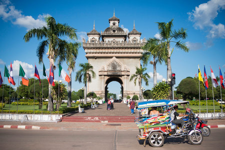 the patuxai arch in the city of vientiane in Laos in the southeastasia.のeditorial素材