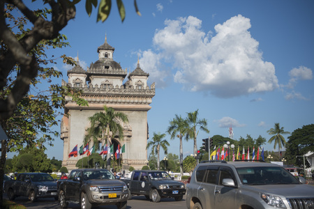 the patuxai arch in the city of vientiane in Laos in the southeastasia.のeditorial素材