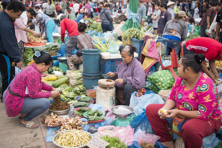people at the Taalat Sao market in the city of vientiane in Laos in the southeastasia.のeditorial素材