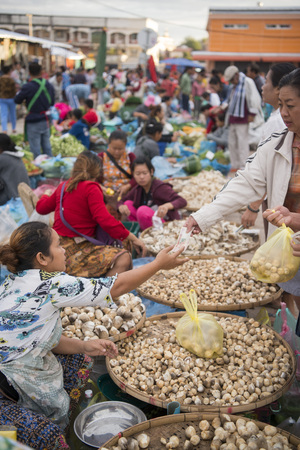 people at the Taalat Sao market in the city of vientiane in Laos in the southeastasia.のeditorial素材