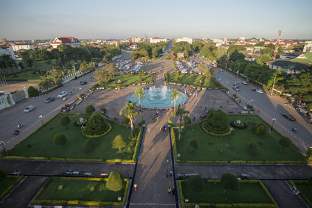 the view from the top of the patuxai arch to the Park in the city of vientiane in Laos in the southeastasia.のeditorial素材