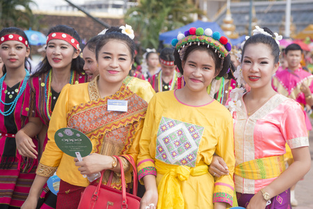 Traditional dress People at a ceremony at the Pha That Luang Festival in the city of vientiane in Laos in the southeastasia.のeditorial素材