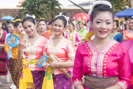 Traditional dress People at a ceremony at the Pha That Luang Festival in the city of vientiane in Laos in the southeastasia.のeditorial素材