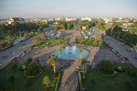 the view from the top of the patuxai arch to the Park in the city of vientiane in Laos in the southeastasia.のeditorial素材