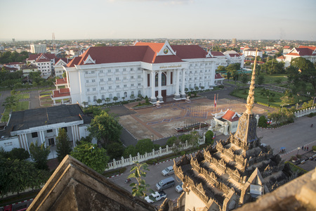 the view from the top of the patuxai arch to Governor Palace and the Park in the city of vientiane in Laos in the southeastasia.のeditorial素材