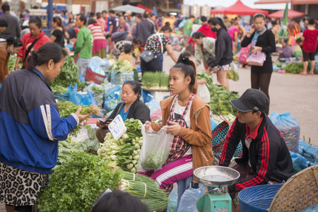 people at the Taalat Sao market in the city of vientiane in Laos in the southeastasia.のeditorial素材