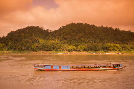 the Landscape at the Mekong River in the town of Luang Prabang in the north of Laos in Southeastasia.のeditorial素材