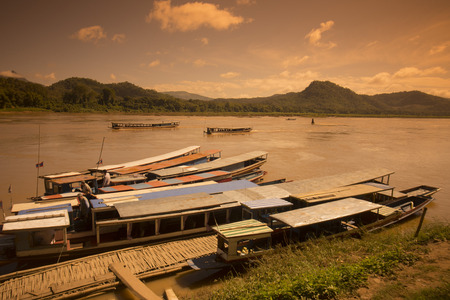 the Landscape at the Mekong River in the town of Luang Prabang in the north of Laos in Southeastasia.のeditorial素材