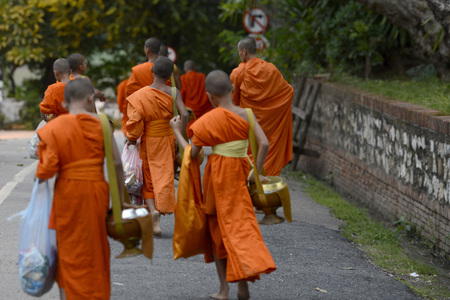 monks in the morning in the town of Luang Prabang in the north of Laos in Southeastasia.のeditorial素材