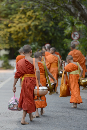 monks in the morning in the town of Luang Prabang in the north of Laos in Southeastasia.のeditorial素材