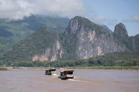 the Landscape at the Mekong River in the town of Luang Prabang in the north of Laos in Southeastasia.のeditorial素材