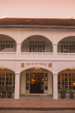 a restaurant in a old  house in the town of Luang Prabang in the north of Laos in Southeastasia.のeditorial素材