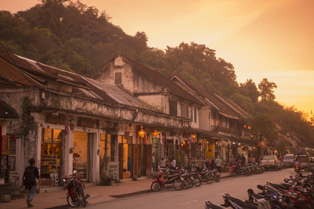 the Sisavangvong road in the town of Luang Prabang in the north of Laos in Southeastasia.のeditorial素材