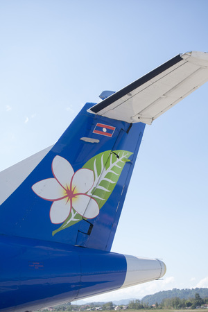 a airpline of a lao airlines at the airport in the town of Luang Prabang in the north of Laos in Southeastasia.のeditorial素材