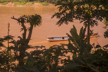 the Landscape at the Mekong River in the town of Luang Prabang in the north of Laos in Southeastasia.のeditorial素材
