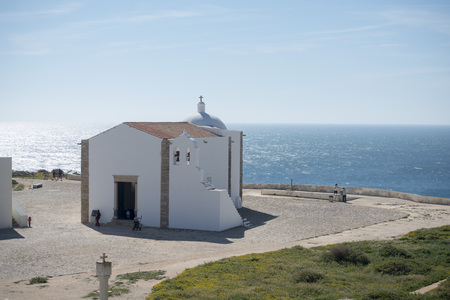 the church in the fortaleza de Sagres at the Ponta de Sagres at the Cabo de Sao Vicente near the town of Sagres at the Algarve of Portugal in Europe.のeditorial素材