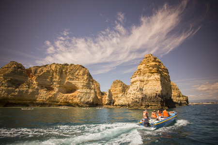 a landscape at the rocks of Ponta da Piedade near Lagos and Luz at the Algarve of Portugal in Europe.のeditorial素材