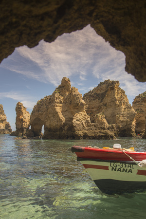 a landscape at the rocks of Ponta da Piedade near Lagos and Luz at the Algarve of Portugal in Europe.のeditorial素材