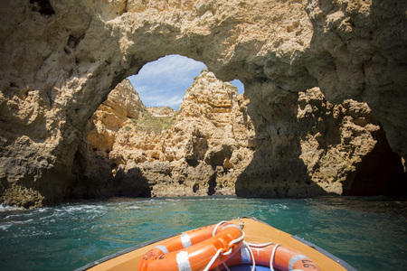 a landscape at the rocks of Ponta da Piedade near Lagos and Luz at the Algarve of Portugal in Europe.のeditorial素材