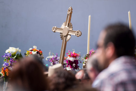 the easter procession Festa das Tochas Flores in the town of Sao Bras de Alportel at the Algarve of Portugal in Europe.のeditorial素材