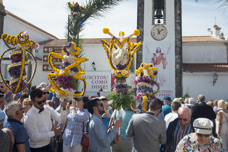 the easter procession Festa das Tochas Flores in the town of Sao Bras de Alportel at the Algarve of Portugal in Europe.のeditorial素材