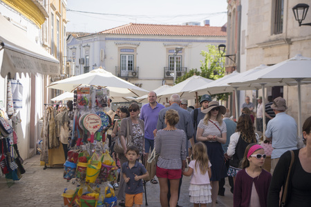 a alley with the Saturday Market in the old town of Loule at the Algarve of Portugal in Europe.のeditorial素材