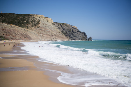 the beach at the village of Luz at the Algarve of Portugal in Europe.の写真素材