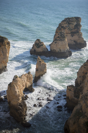 a landscape at the rocks of Ponta da Piedade near Lagos and Luz at the Algarve of Portugal in Europe.の写真素材