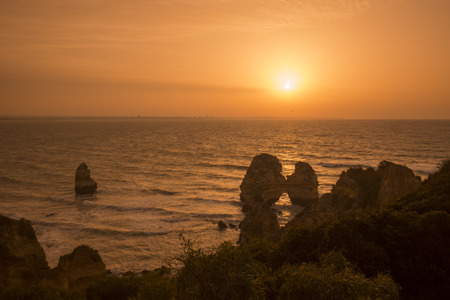 a landscape at the rocks of Ponta da Piedade near Lagos and Luz at the Algarve of Portugal in Europe.の写真素材