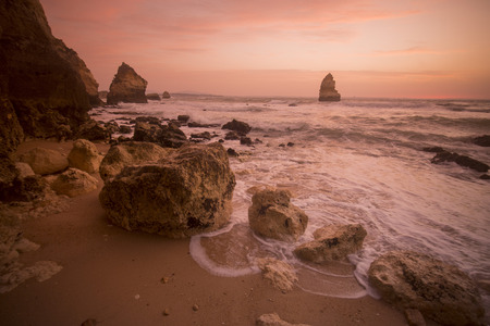 a landscape at the rocks of Ponta da Piedade near Lagos and Luz at the Algarve of Portugal in Europe.の写真素材