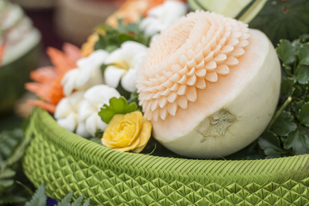 thai food carving at the Loy Krathong festival at the Santichaiparakan park in Banglamphu in the city of Bangkok in Thailand.の写真素材