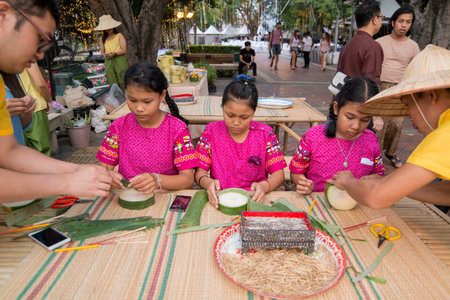 traditioal hand made Loy Krathong Lanterns and candles at a market at the Santichaiparakan park in Banglamphu in the city of Bangkok in Thailand.  Thailand, Bangkok, November, 2017のeditorial素材