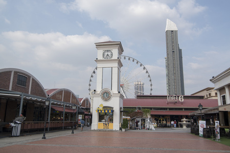 the clock tower of the Asiatique Riverfront Nightmarket in the city of Bangkok in Thailand.  Thailand, Bangkok, November, 2017のeditorial素材