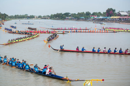The traditional Longboat Race at the Khlong Chakarai River in the Town of Phimai in the Provinz...