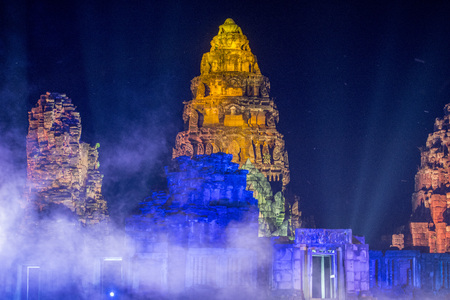 the sound and light show at the Khmer Temple Ruins at the Phimai Festival in  Phimai in the Provinz Nakhon Ratchasima in Isan in Thailand.  Thailand, Phimai, November, 2017のeditorial素材