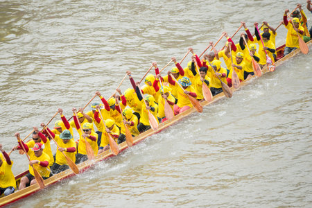 the tradititional Longboat Race at the Mun river of the town of Satuek north of the city Buri Ram in...