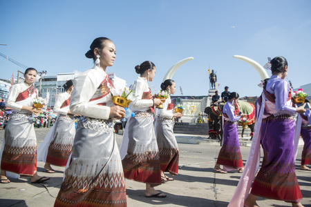 traditional thai Dance at the Phaya Surin Pakdee Monument at the traditional Elephant Round Up Festival in the city of Surin in Isan in Thailand. Thailand, Isan, Surin, November, 2017のeditorial素材