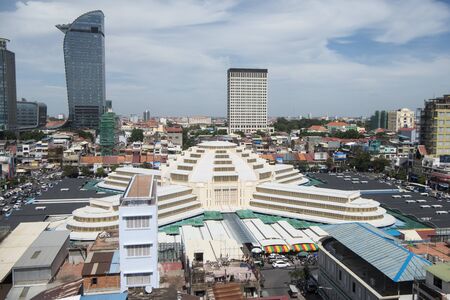 a city view with the central market or Psar Thmei market in the city of Phnom Penh of Cambodia.  Cambodia, Phnom Penh, November, 2017,のeditorial素材
