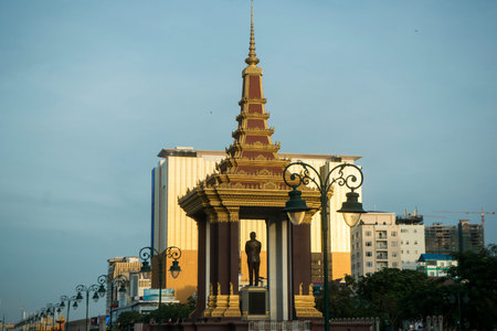 the Statue and Monument of King Norodom Sihanouk at the Sihanouk Bouelvard in the city of Phnom Penh of Cambodia.  Cambodia, Phnom Penh, November, 2017,のeditorial素材