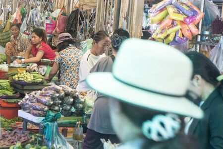 the vegetable and food market at the central market or Psar Thmei market in the city of Phnom Penh of Cambodia.  Cambodia, Phnom Penh, November, 2017,のeditorial素材