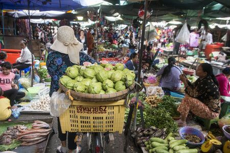 the fruits and food market at the Kandal market or Psar Kandal market in the city of Phnom Penh of Cambodia.  Cambodia, Phnom Penh, November, 2017,のeditorial素材