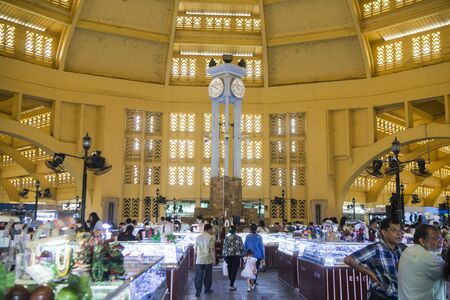 the Clock Tower at the Gold market in the central market or Psar Thmei market in the city of Phnom Penh of Cambodia.  Cambodia, Phnom Penh, November, 2017,のeditorial素材