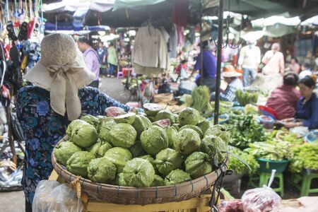 the fruits and food market at the Kandal market or Psar Kandal market in the city of Phnom Penh of Cambodia.  Cambodia, Phnom Penh, November, 2017,のeditorial素材