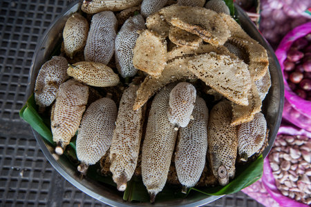 wild honey at the central market or Psar Thmei market in the city of Phnom Penh of Cambodia.  Cambodia, Phnom Penh, November, 2017,のeditorial素材