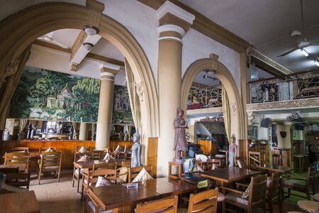 a colonial style Restaurant at the Sisowath Quay in the city of Phnom Penh of Cambodia.  Cambodia, Phnom Penh, November, 2017,のeditorial素材