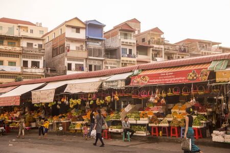 the fruit and food market next to the Night Market in the city of Phnom Penh of Cambodia.  Cambodia, Phnom Penh, November, 2017,のeditorial素材