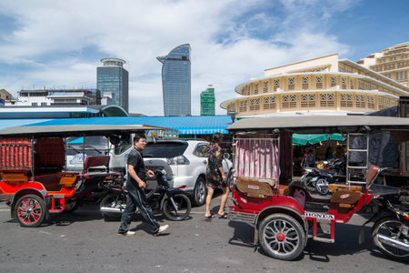 a city skyline near the central market or Psar Thmei market in the city of Phnom Penh of Cambodia.  Cambodia, Phnom Penh, November, 2017,のeditorial素材