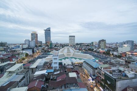 a city view with the central market or Psar Thmei market in the city of Phnom Penh of Cambodia.  Cambodia, Phnom Penh, November, 2017,のeditorial素材